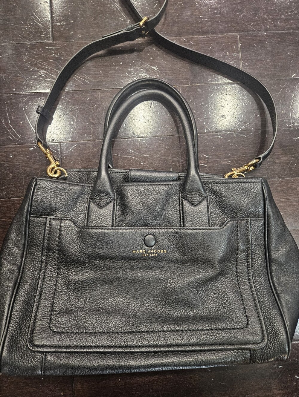 Marc Jacobs Black Pebbled Leather Satchel with Gold Hardware and Removable Strap